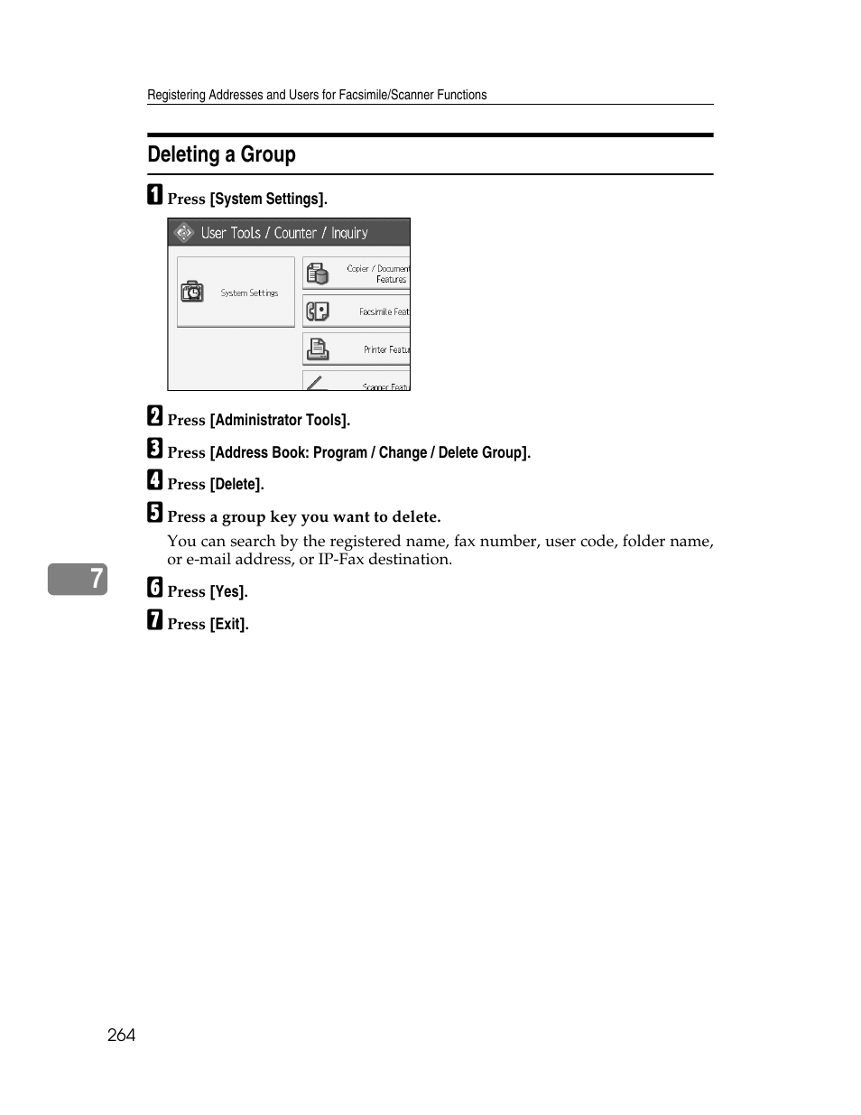 Deleting a group | Ricoh Aficio MP 6000 User Manual | Page 274 / 310