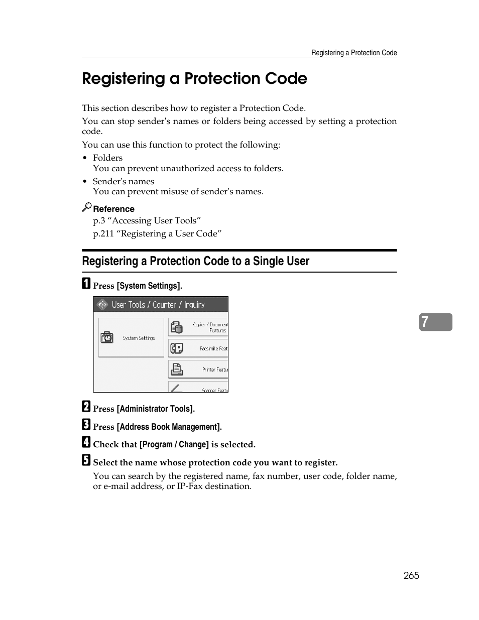 Registering a protection code, Registering a protection code to a single user, P.265 “registering a protection code | 7registering a protection code | Ricoh Aficio MP 6000 User Manual | Page 275 / 310