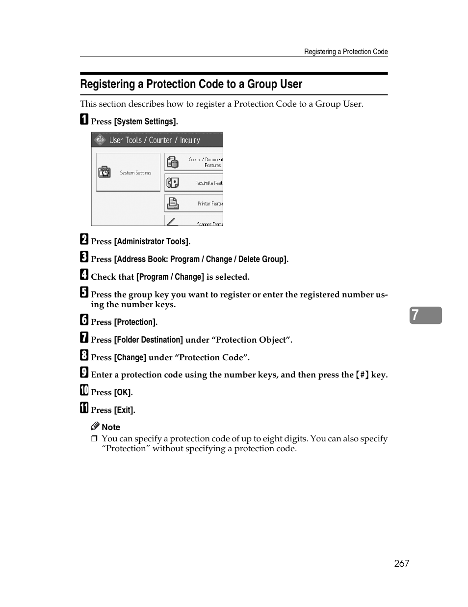 Registering a protection code to a group user | Ricoh Aficio MP 6000 User Manual | Page 277 / 310