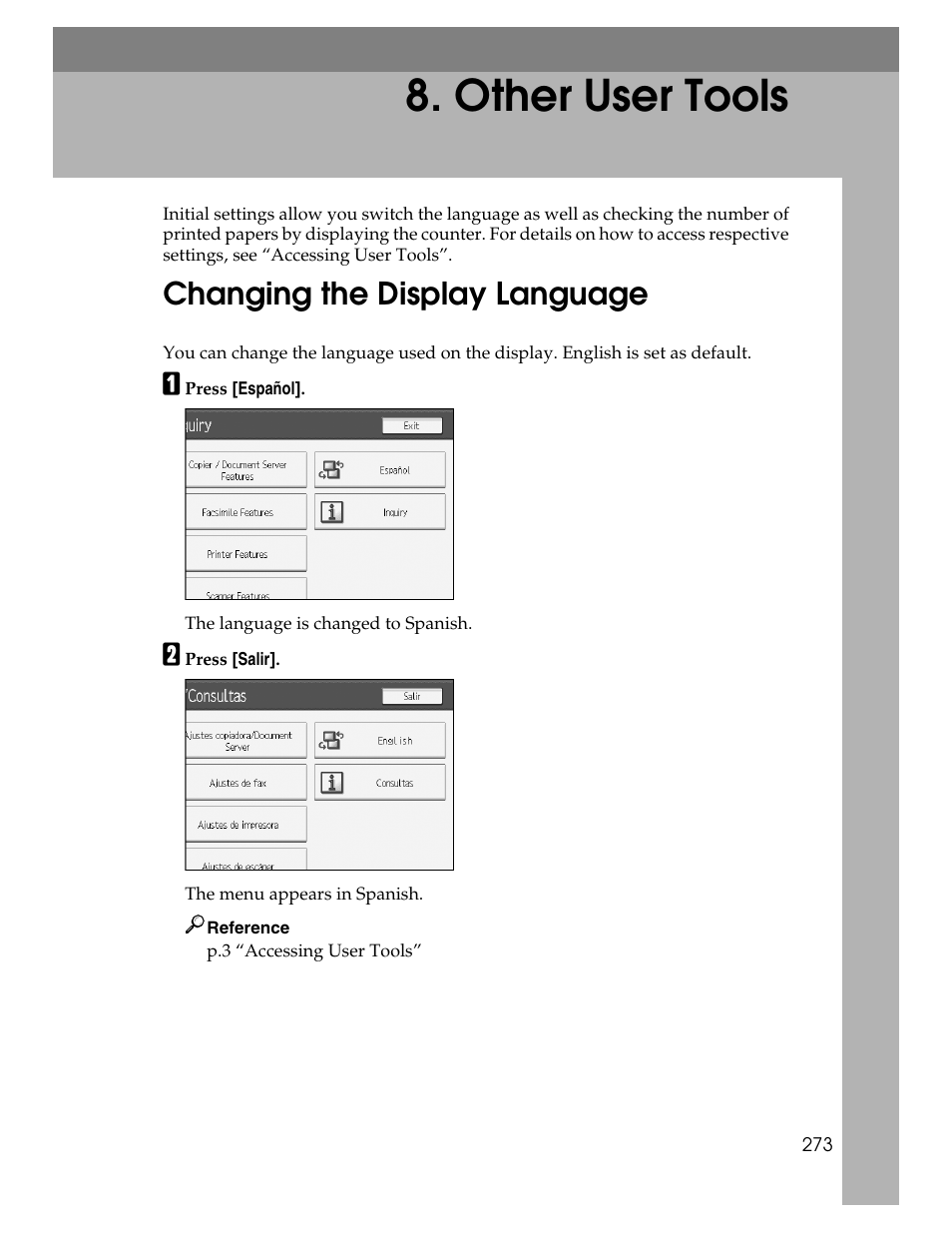 Other user tools, Changing the display language | Ricoh Aficio MP 6000 User Manual | Page 283 / 310