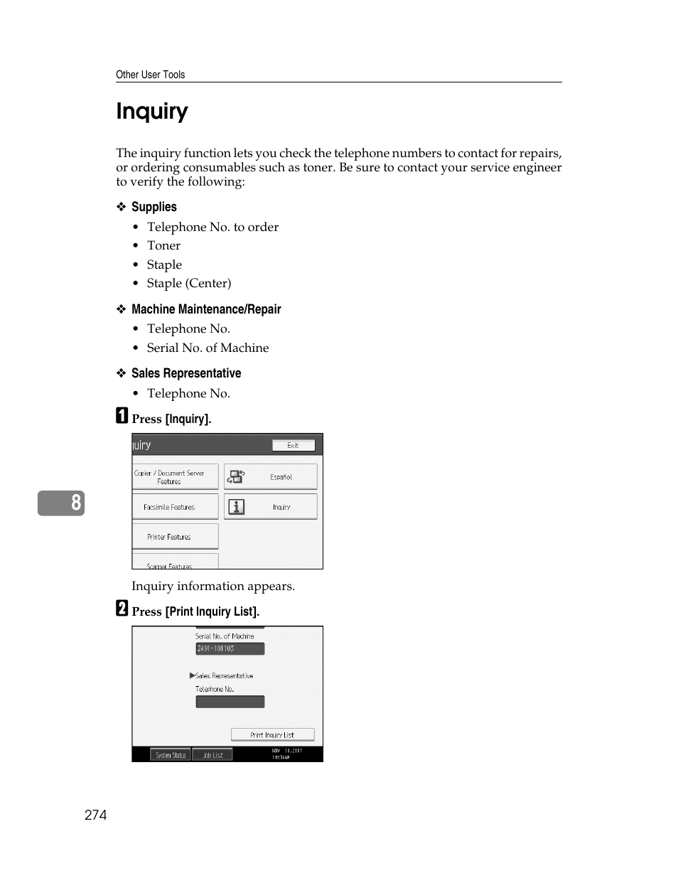 Inquiry, 8inquiry | Ricoh Aficio MP 6000 User Manual | Page 284 / 310