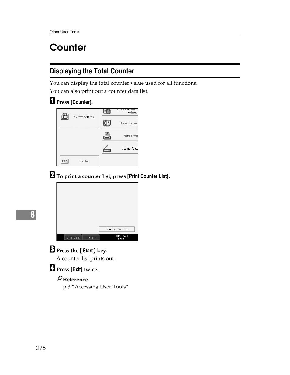 Counter, Displaying the total counter, P.276 “counter | 8counter | Ricoh Aficio MP 6000 User Manual | Page 286 / 310