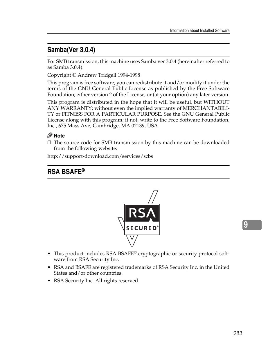 Samba(ver 3.0.4), Rsa bsafe | Ricoh Aficio MP 6000 User Manual | Page 293 / 310
