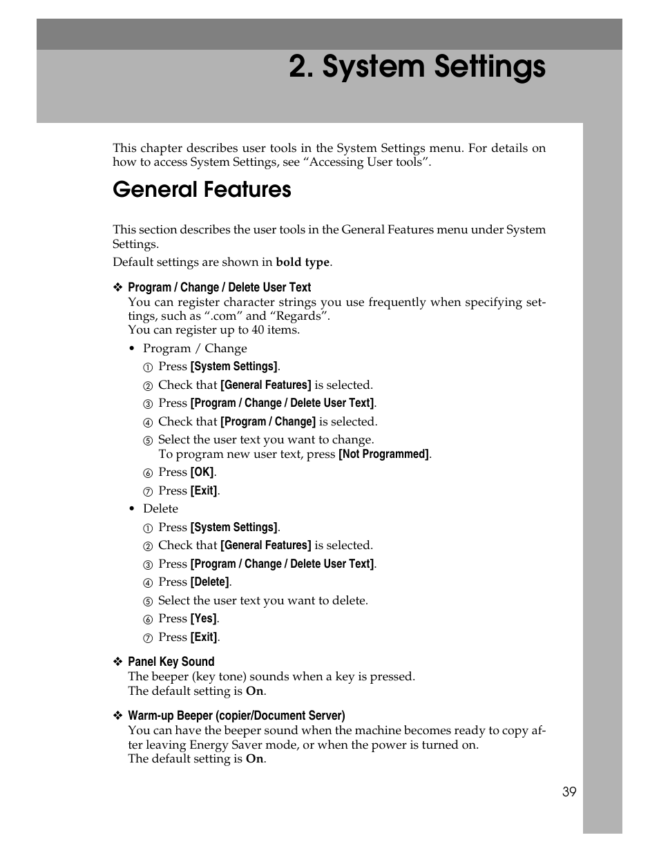 System settings, General features | Ricoh Aficio MP 6000 User Manual | Page 49 / 310