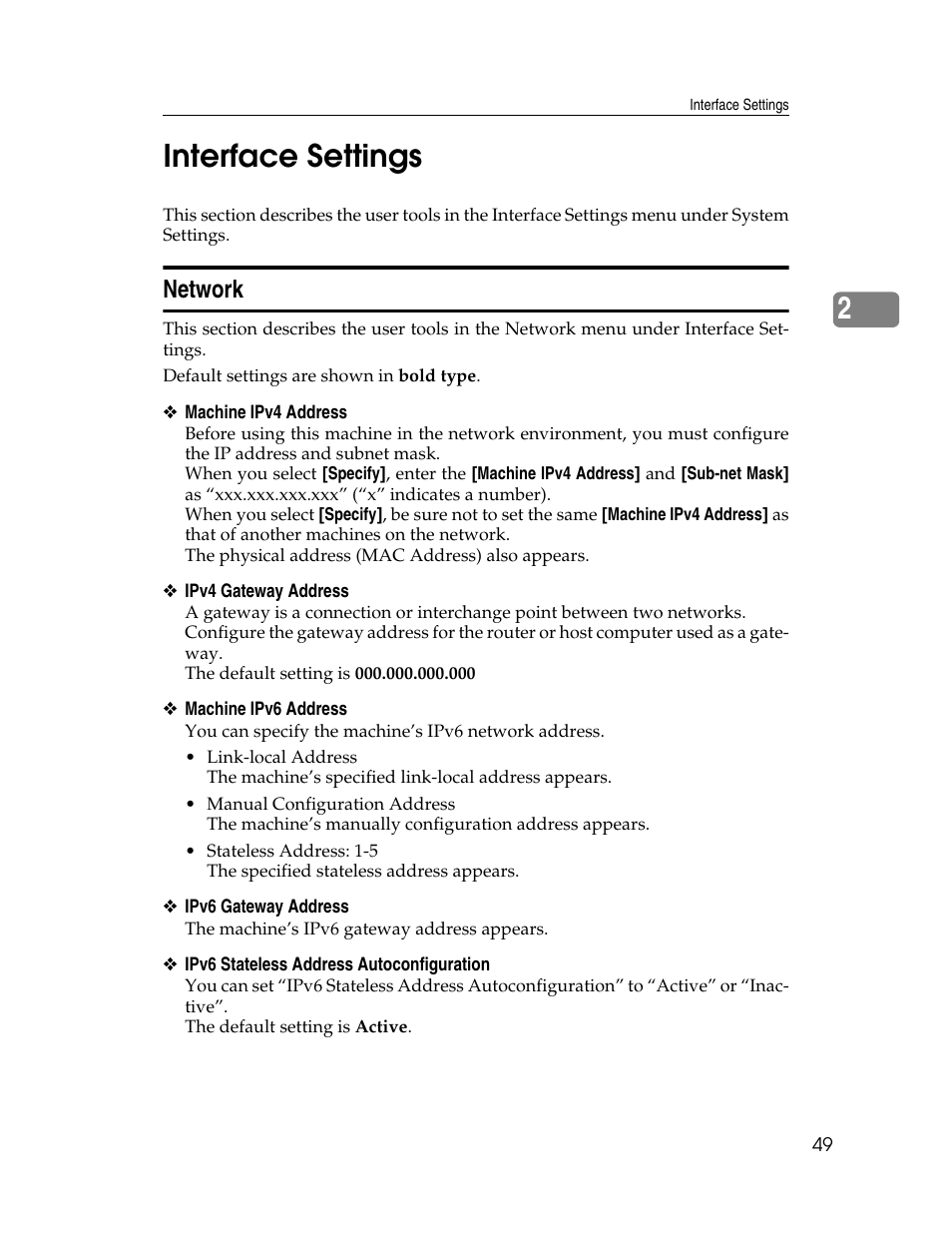 Interface settings, Network, P.49 “interface settings | 2interface settings | Ricoh Aficio MP 6000 User Manual | Page 59 / 310