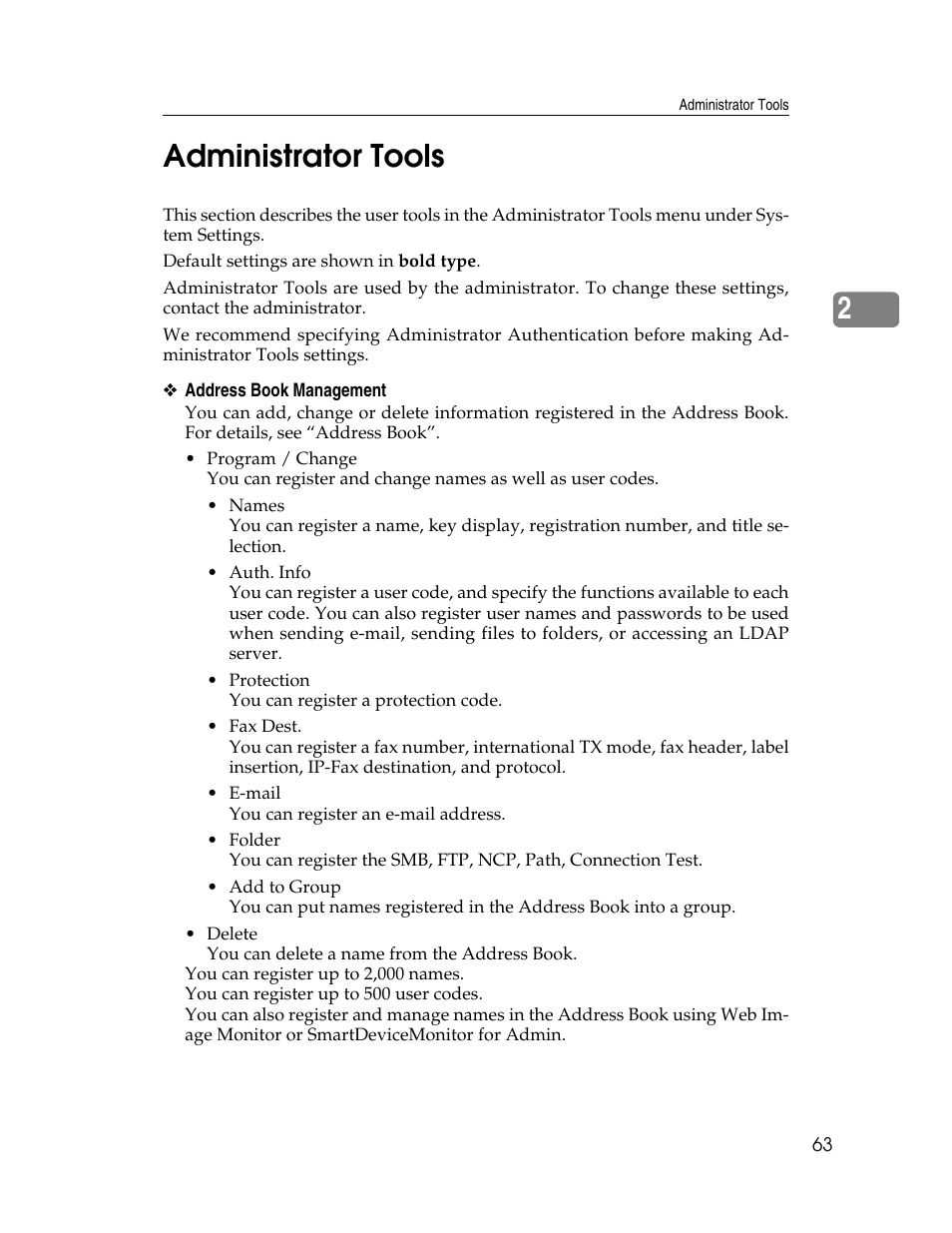Administrator tools, 2administrator tools | Ricoh Aficio MP 6000 User Manual | Page 73 / 310
