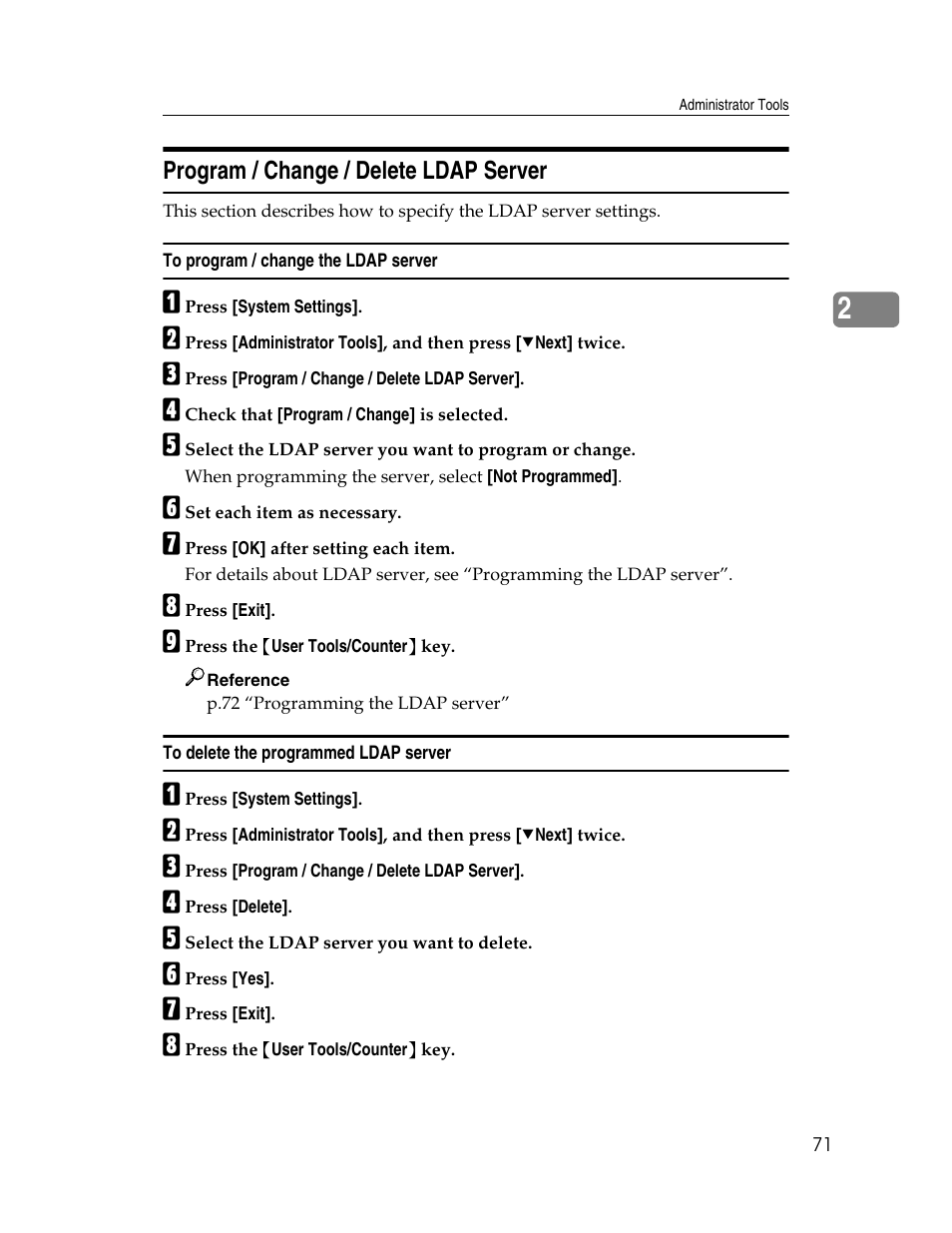 Program / change / delete ldap server, To program / change the ldap server, To delete the programmed ldap server | Ricoh Aficio MP 6000 User Manual | Page 81 / 310