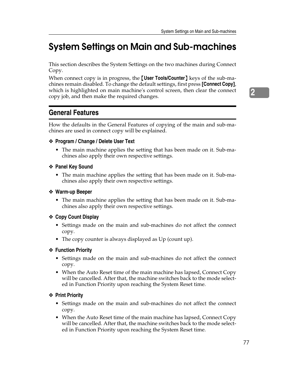 System settings on main and sub-machines, General features, 2system settings on main and sub-machines | Ricoh Aficio MP 6000 User Manual | Page 87 / 310