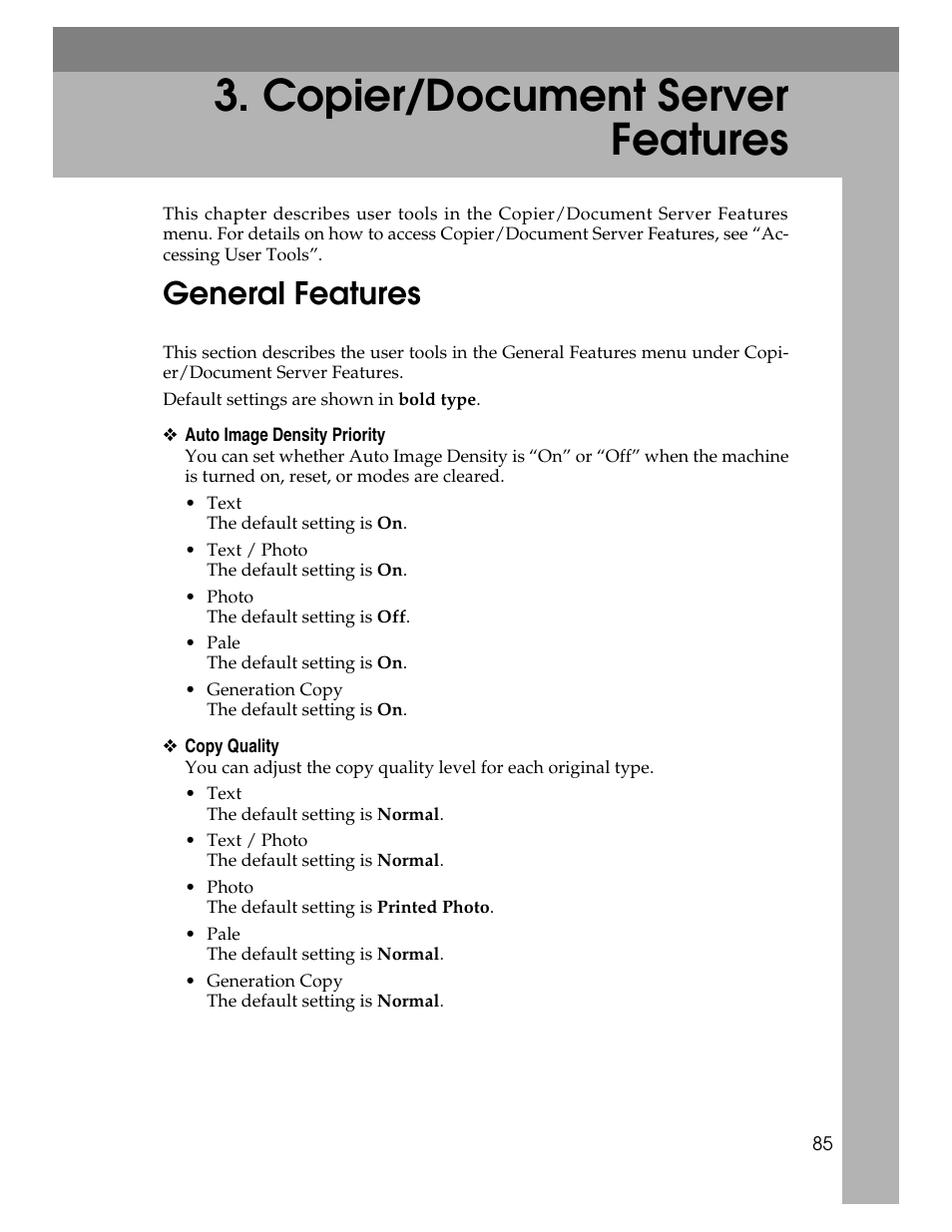 Copier/document server features, General features | Ricoh Aficio MP 6000 User Manual | Page 95 / 310