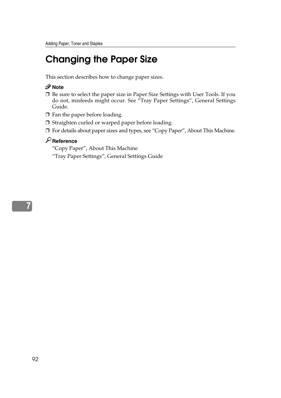 Changing the paper size, See p.92 “changing the paper size, P.92 “changing the paper size | 7changing the paper size | Ricoh Aficio MP 2500 User Manual | Page 100 / 126