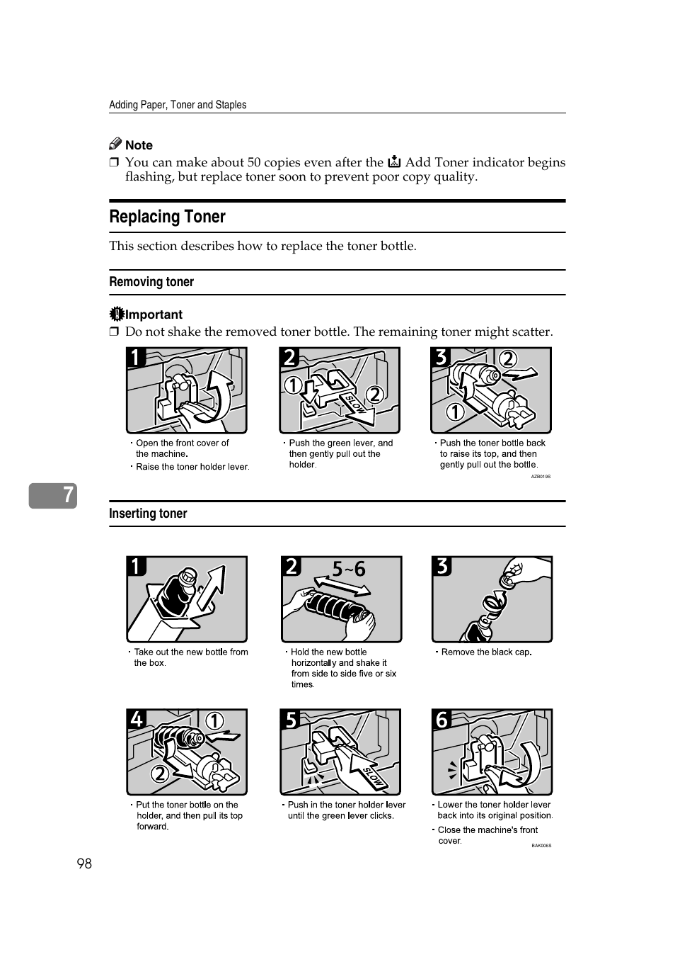 Replacing toner, Removing toner, Inserting toner | Ricoh Aficio MP 2500 User Manual | Page 106 / 126