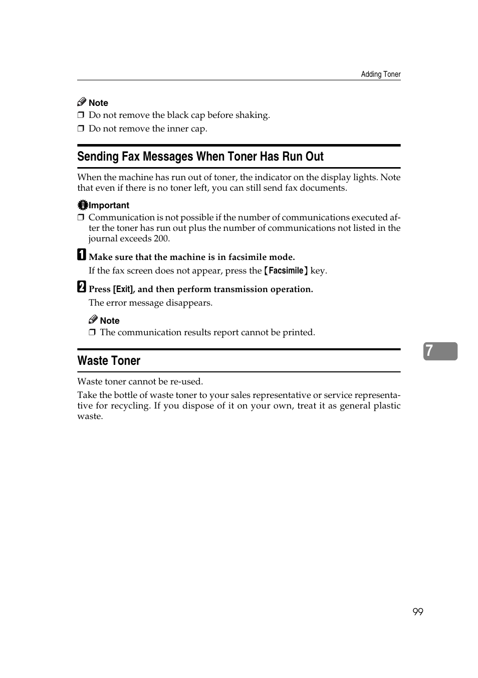 Sending fax messages when toner has run out, Waste toner | Ricoh Aficio MP 2500 User Manual | Page 107 / 126