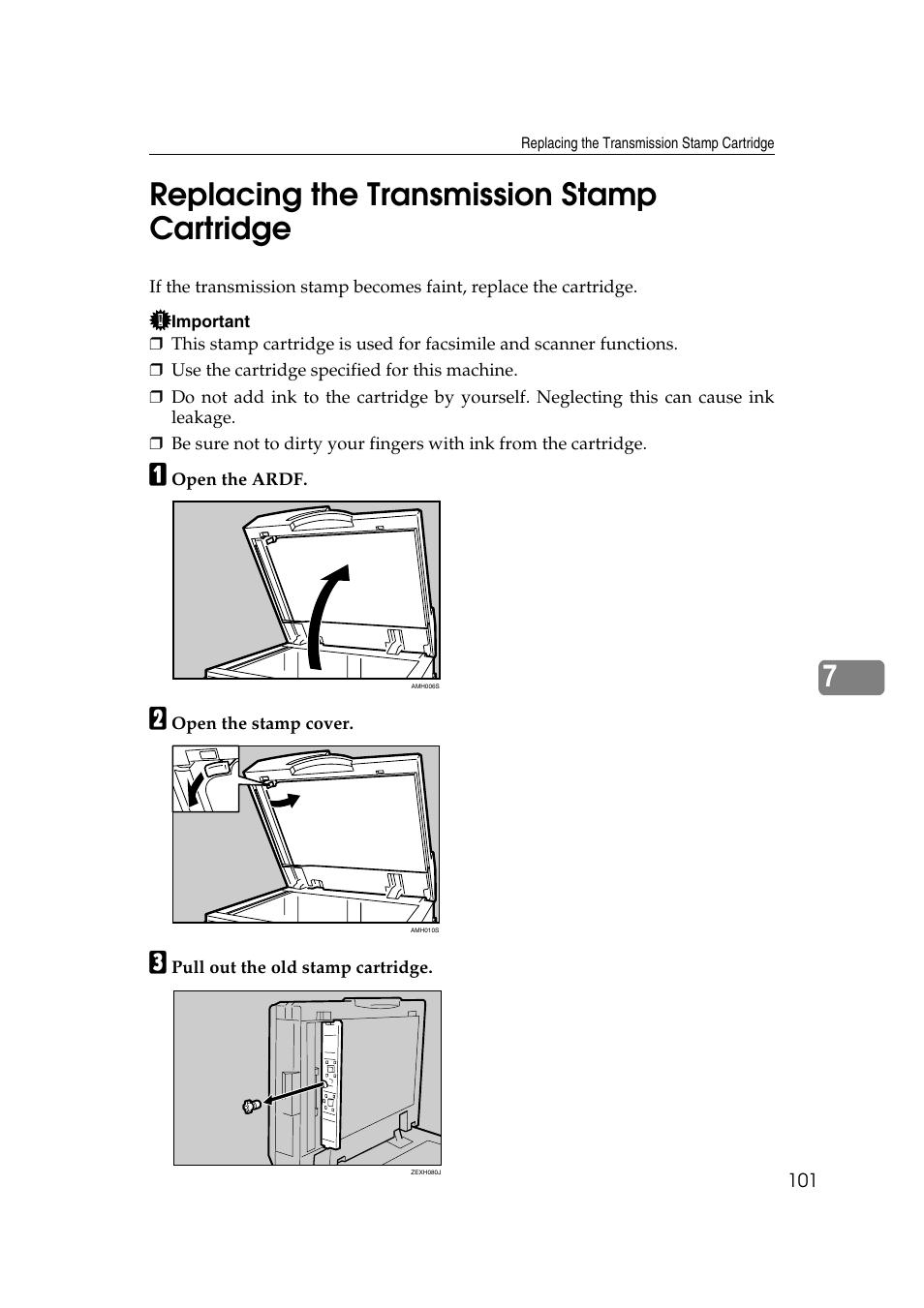 Replacing the transmission stamp cartridge, 7replacing the transmission stamp cartridge | Ricoh Aficio MP 2500 User Manual | Page 109 / 126
