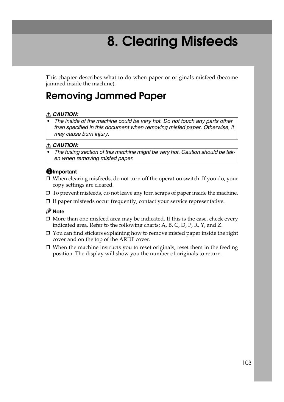  clearing misfeeds, Removing jammed paper, Clearing misfeeds | P.103 “removing jammed pa- per | Ricoh Aficio MP 2500 User Manual | Page 111 / 126