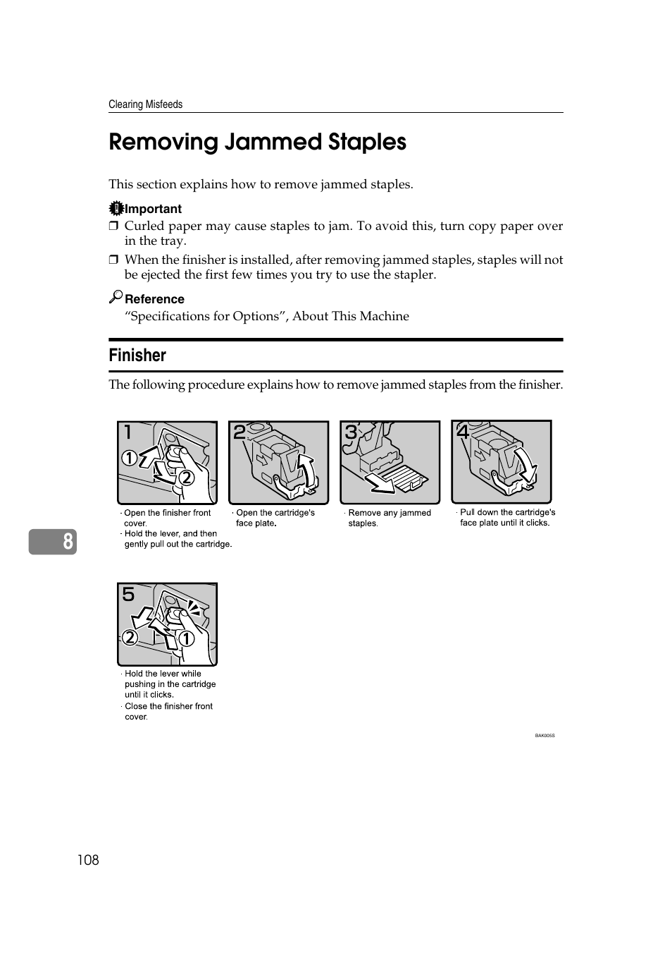 Removing jammed staples, Finisher, 8removing jammed staples | Ricoh Aficio MP 2500 User Manual | Page 116 / 126
