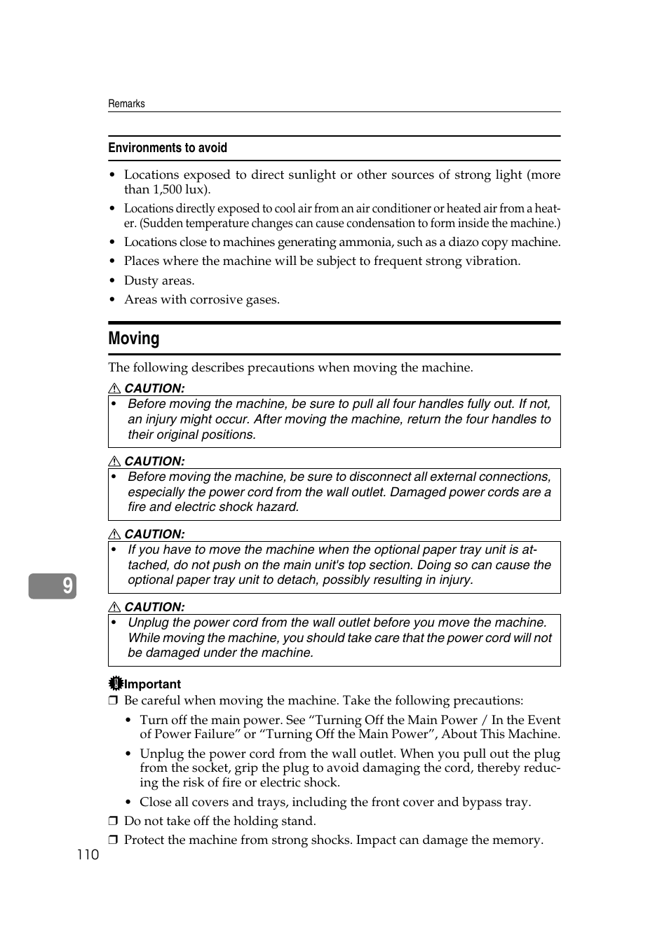 Environments to avoid, Moving | Ricoh Aficio MP 2500 User Manual | Page 118 / 126