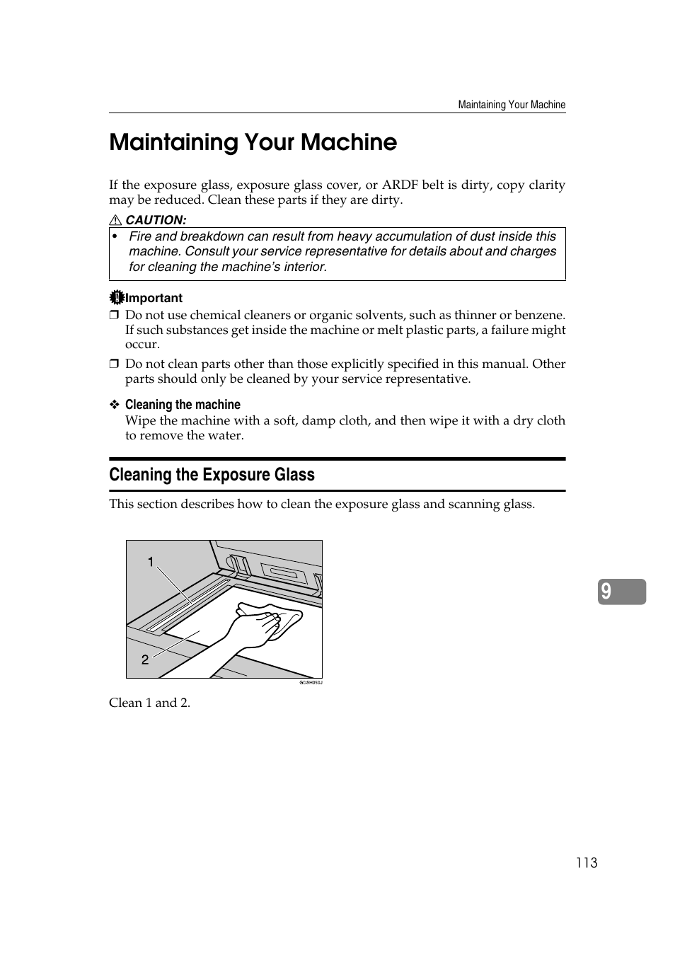 Maintaining your machine, Cleaning the exposure glass, 9maintaining your machine | Ricoh Aficio MP 2500 User Manual | Page 121 / 126