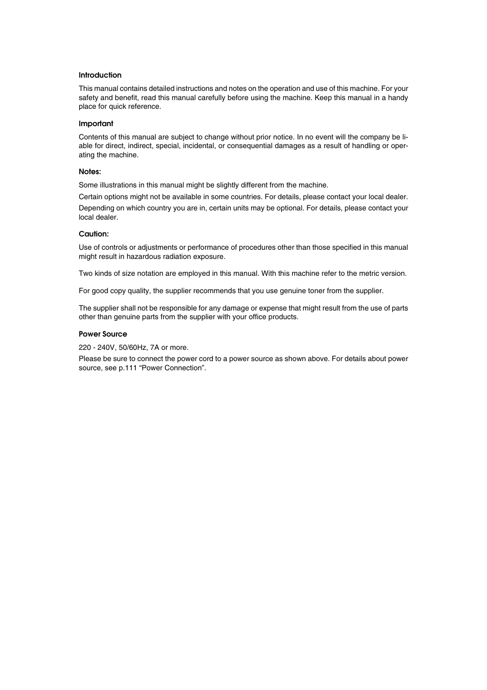 Introduction, Important, Notes | Caution, Power source | Ricoh Aficio MP 2500 User Manual | Page 2 / 126