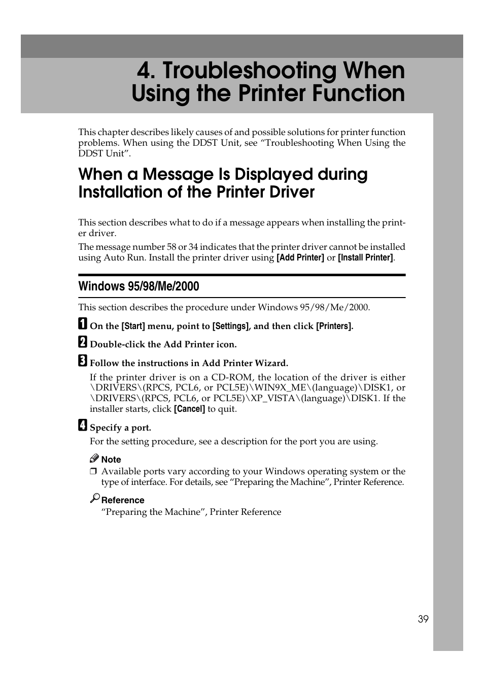  troubleshooting when using the printer function, Windows 95/98/me/2000, Troubleshooting when using the printer function | Ricoh Aficio MP 2500 User Manual | Page 47 / 126
