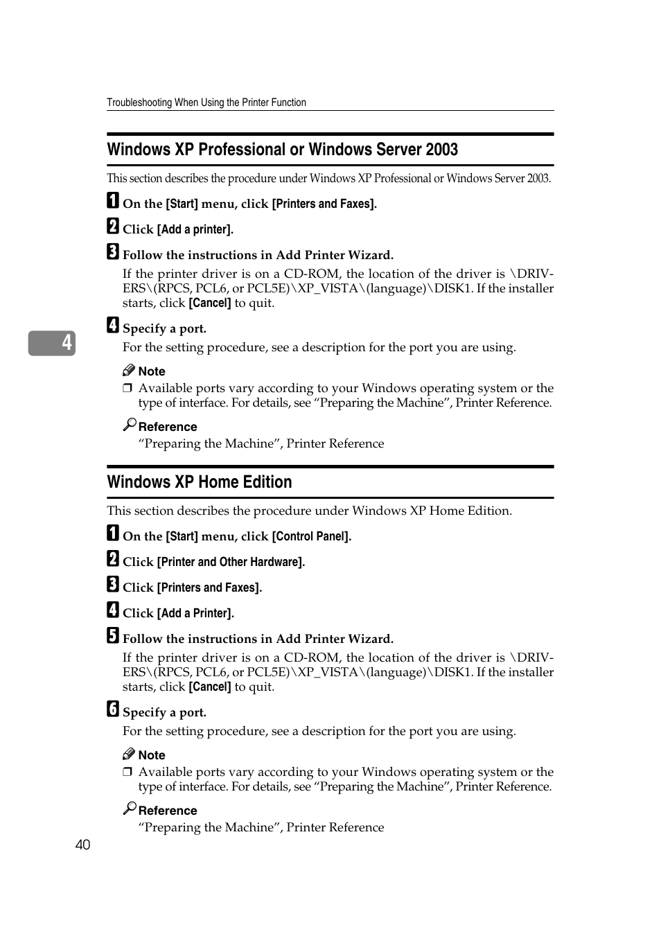 Windows xp professional or windows server 2003, Windows xp home edition | Ricoh Aficio MP 2500 User Manual | Page 48 / 126