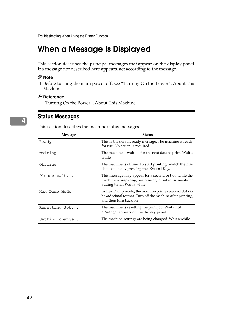When a message is displayed, Status messages, 4when a message is displayed | Ricoh Aficio MP 2500 User Manual | Page 50 / 126