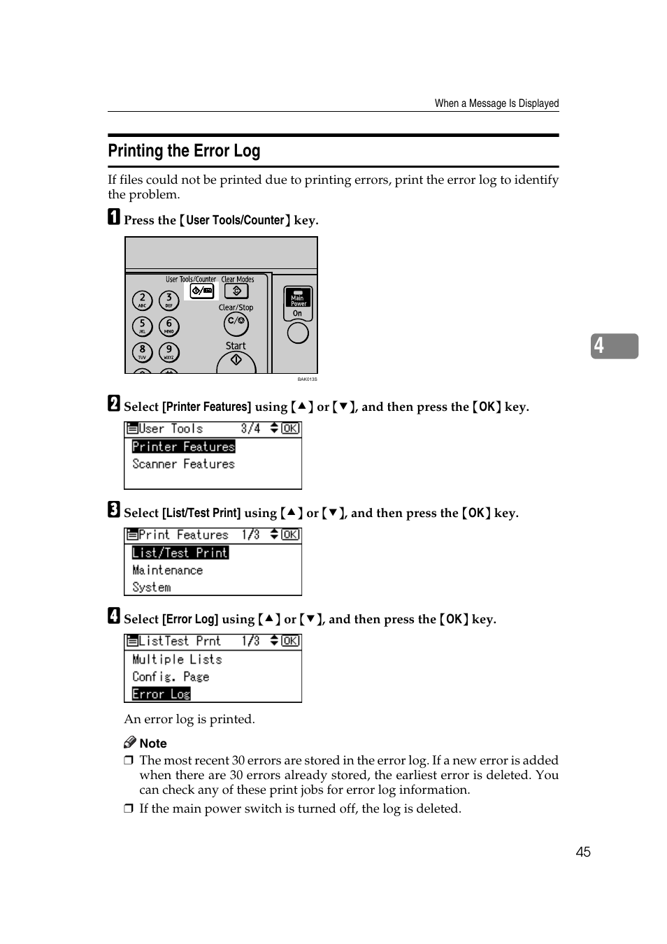 Printing the error log | Ricoh Aficio MP 2500 User Manual | Page 53 / 126