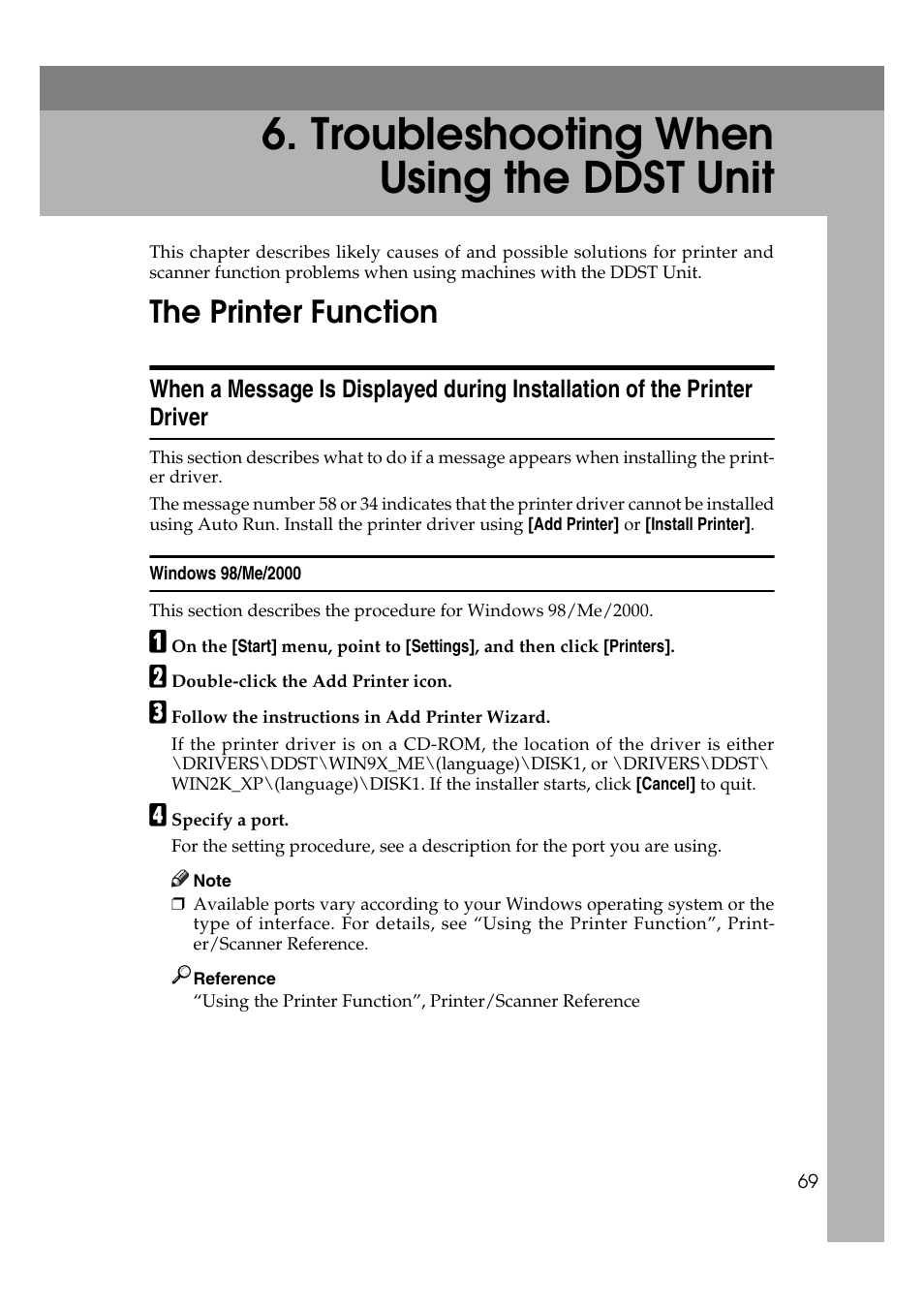  troubleshooting when using the ddst unit, The printer function, Windows 98/me/2000 | Troubleshooting when using the ddst unit | Ricoh Aficio MP 2500 User Manual | Page 77 / 126