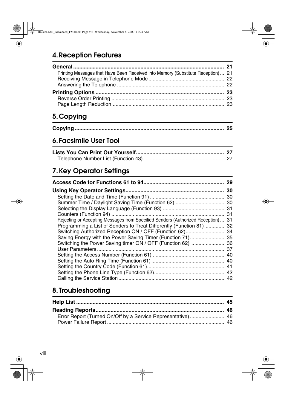 Reception features, Copying, Facsimile user tool | Key operator settings, Troubleshooting | Ricoh FAX1400L User Manual | Page 10 / 88