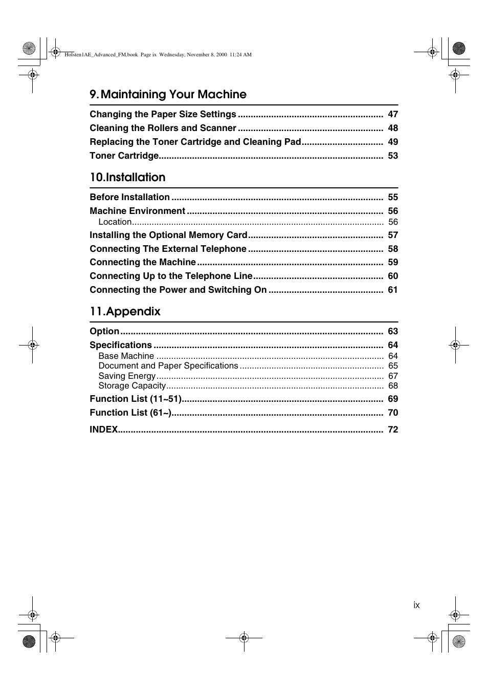 Maintaining your machine, Installation, Appendix | Ricoh FAX1400L User Manual | Page 11 / 88