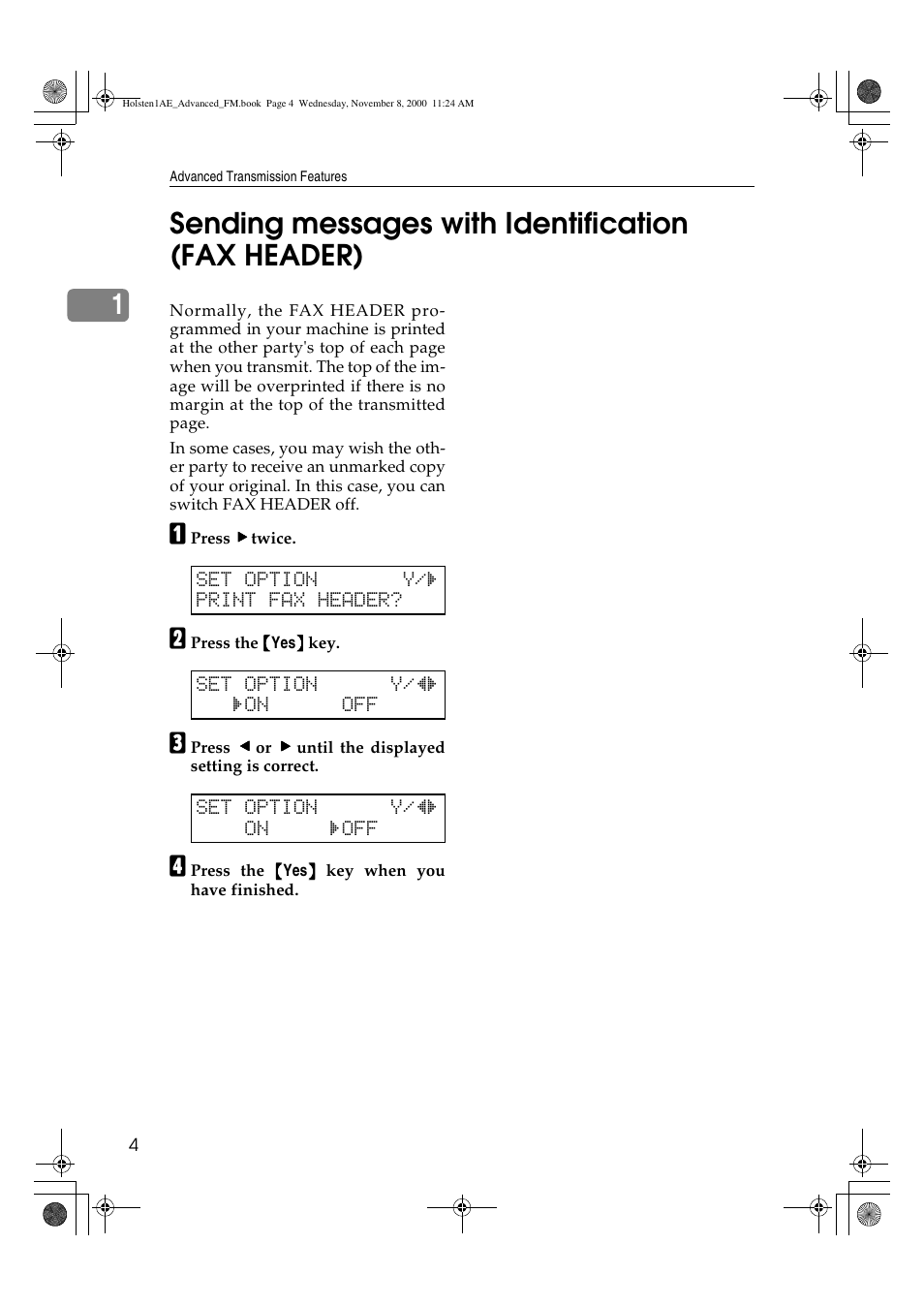 Sending messages with identification (fax header), 1sending messages with identification (fax header) | Ricoh FAX1400L User Manual | Page 16 / 88