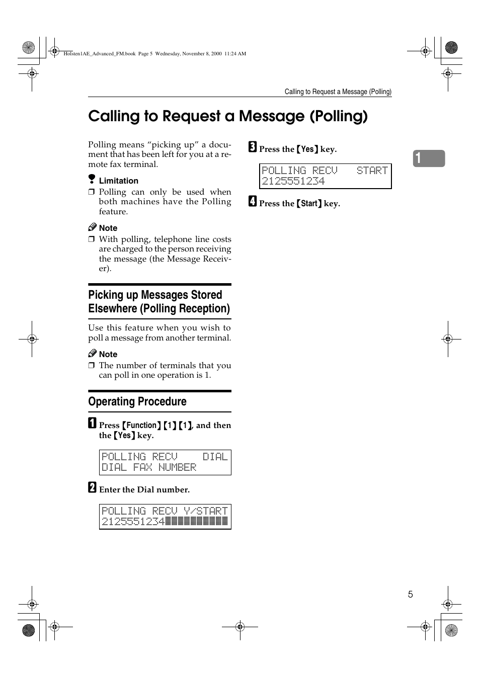 Calling to request a message (polling), 1calling to request a message (polling), Operating procedure | Ricoh FAX1400L User Manual | Page 17 / 88