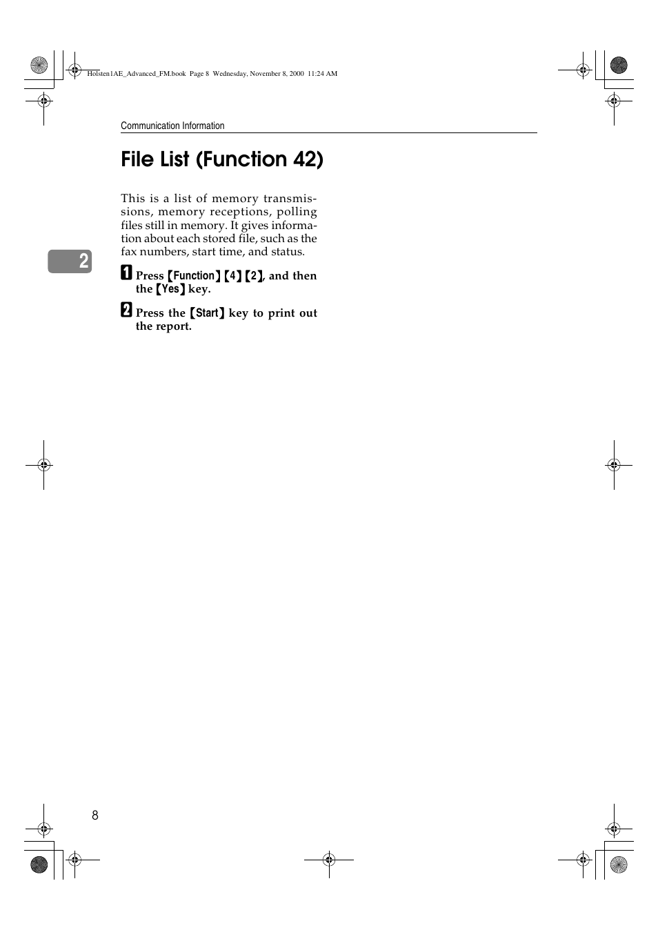 File list (function 42), 2file list (function 42) | Ricoh FAX1400L User Manual | Page 20 / 88