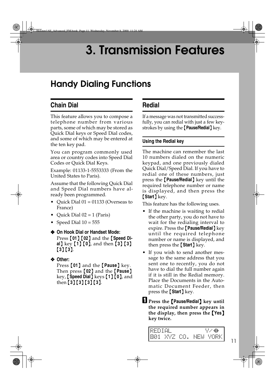 Transmission features, Handy dialing functions, Chain dial | Redial | Ricoh FAX1400L User Manual | Page 23 / 88
