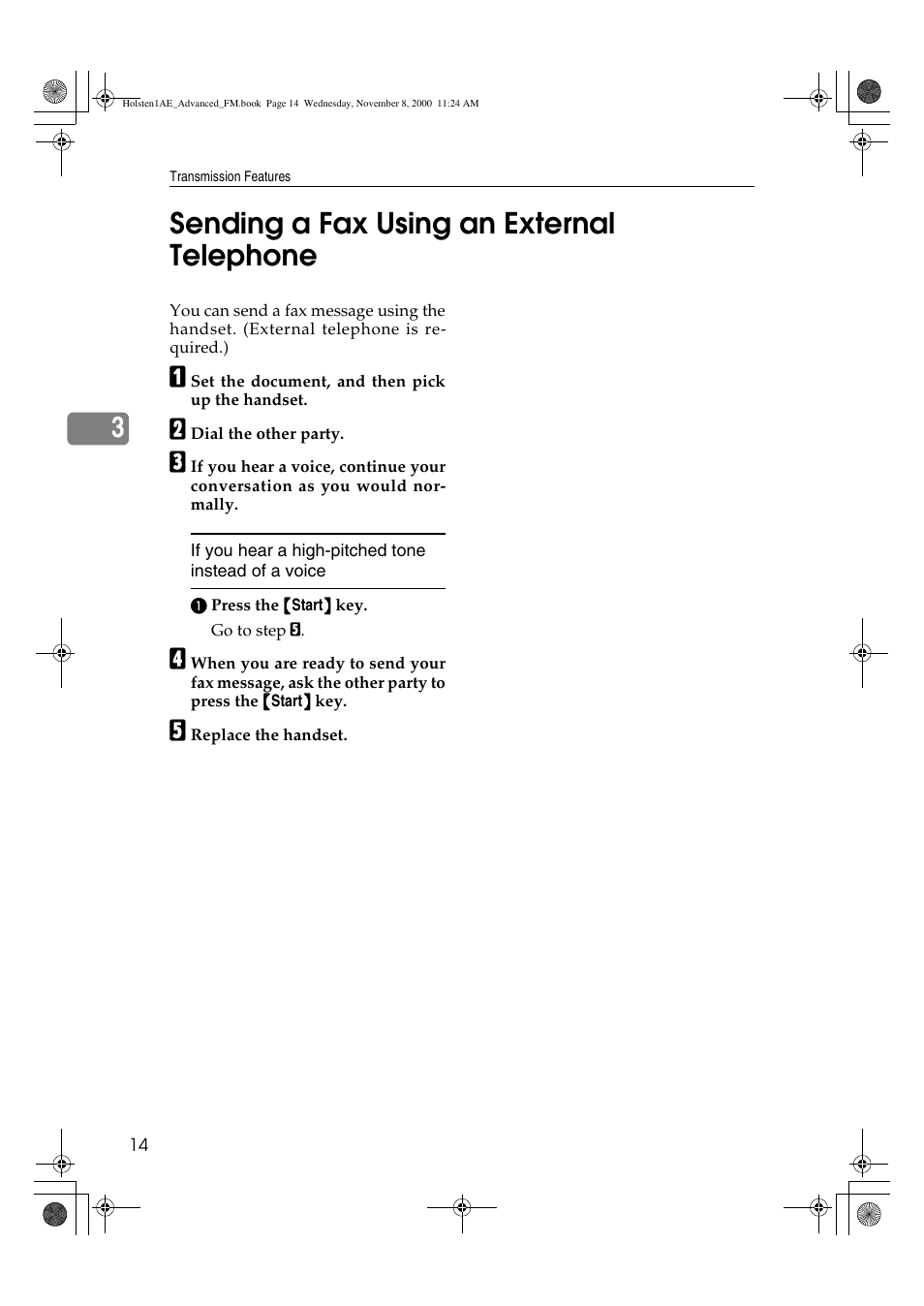 Sending a fax using an external telephone, 3sending a fax using an external telephone | Ricoh FAX1400L User Manual | Page 26 / 88