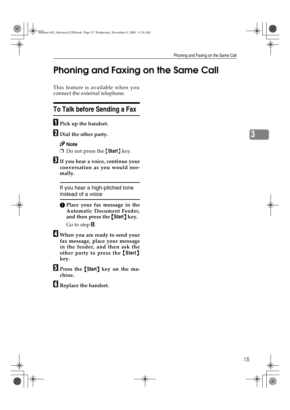 Phoning and faxing on the same call, 3phoning and faxing on the same call | Ricoh FAX1400L User Manual | Page 27 / 88