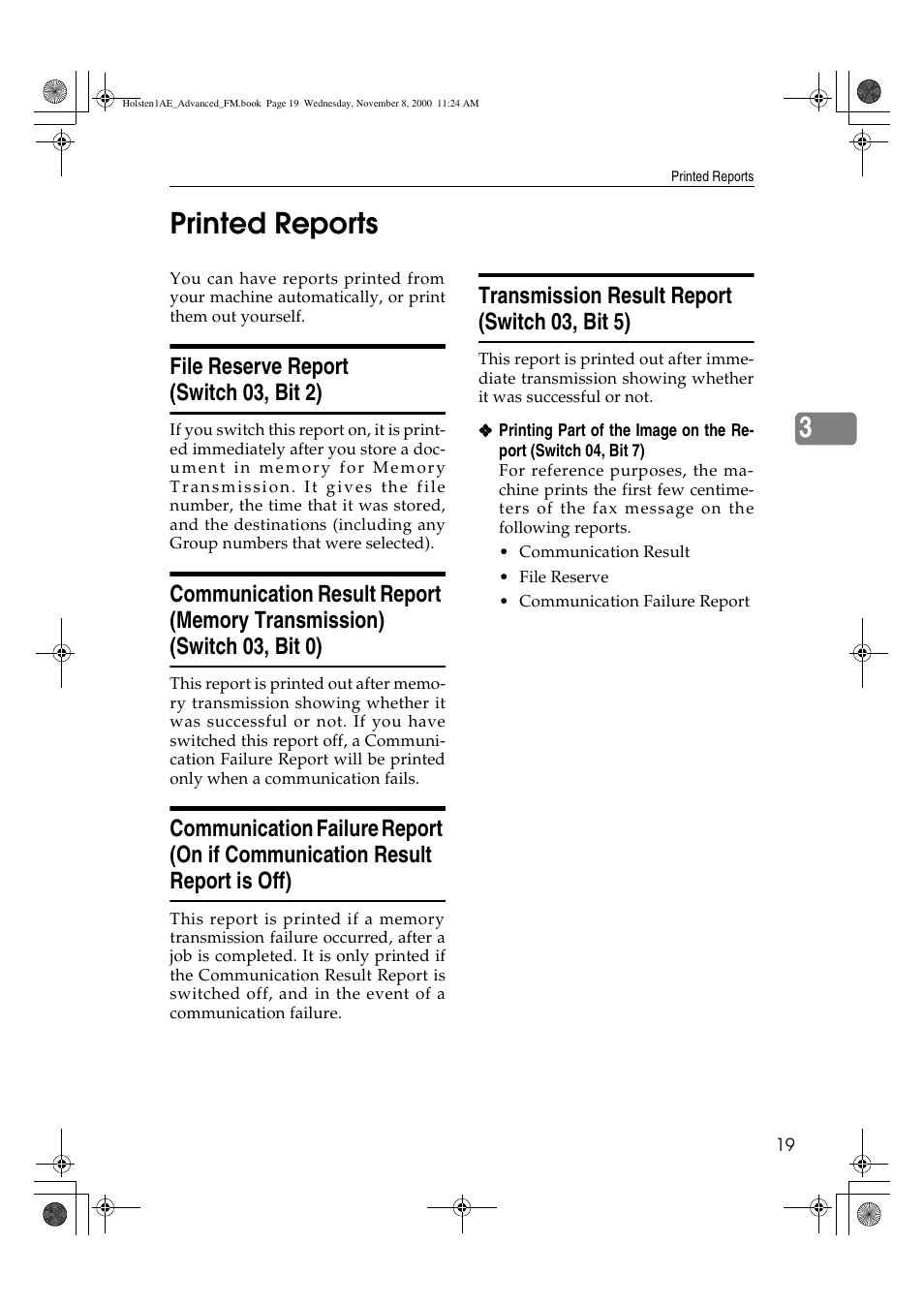 Printed reports, 3printed reports, File reserve report (switch 03, bit 2) | Transmission result report (switch 03, bit 5) | Ricoh FAX1400L User Manual | Page 31 / 88
