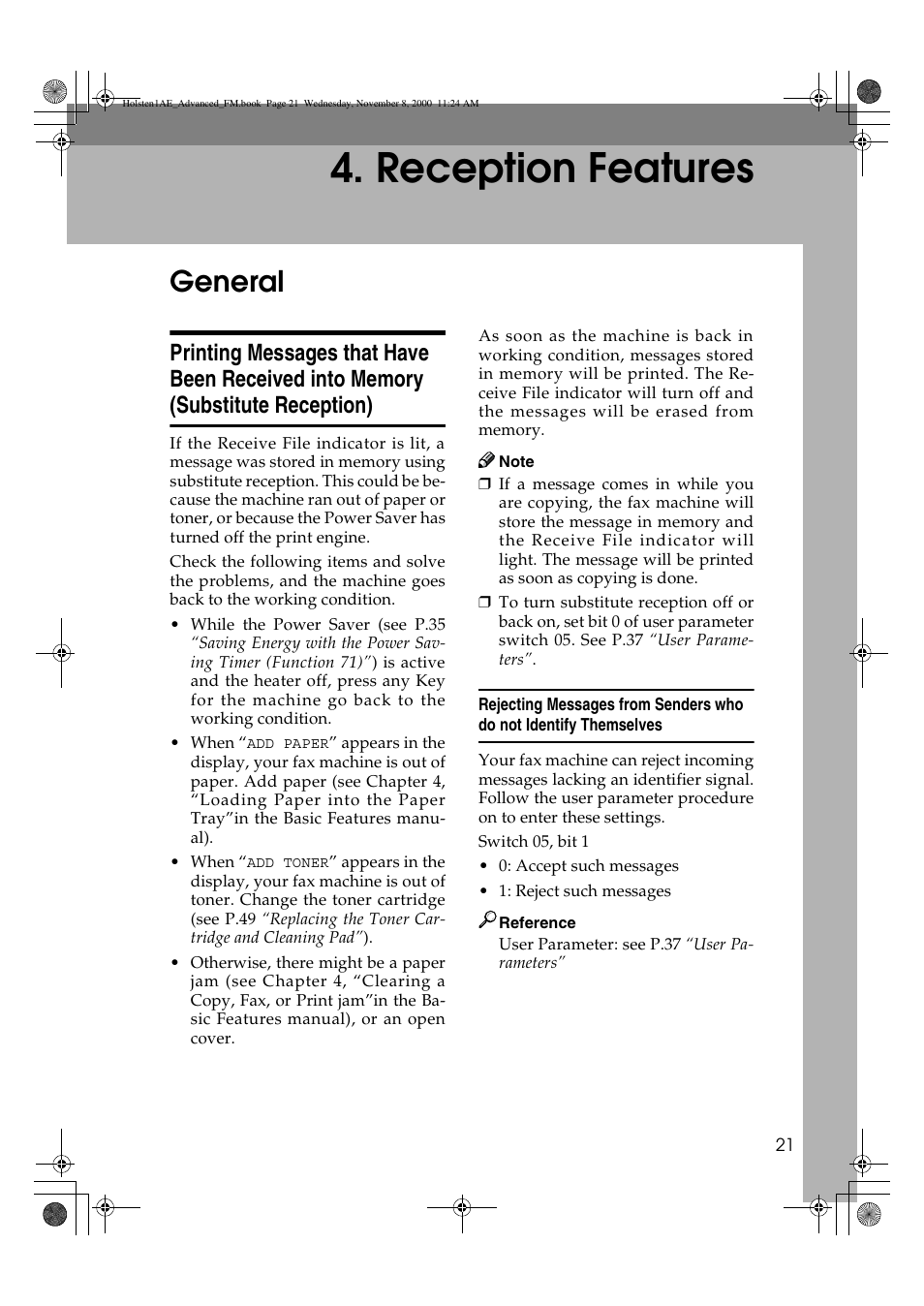 Reception features, General | Ricoh FAX1400L User Manual | Page 33 / 88