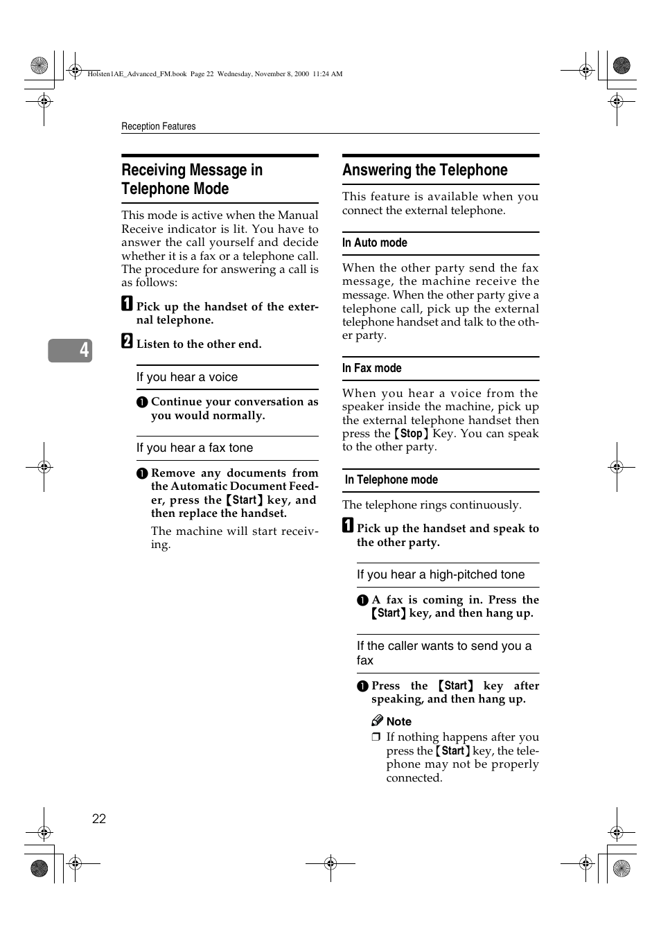 Receiving message in telephone mode, Answering the telephone | Ricoh FAX1400L User Manual | Page 34 / 88