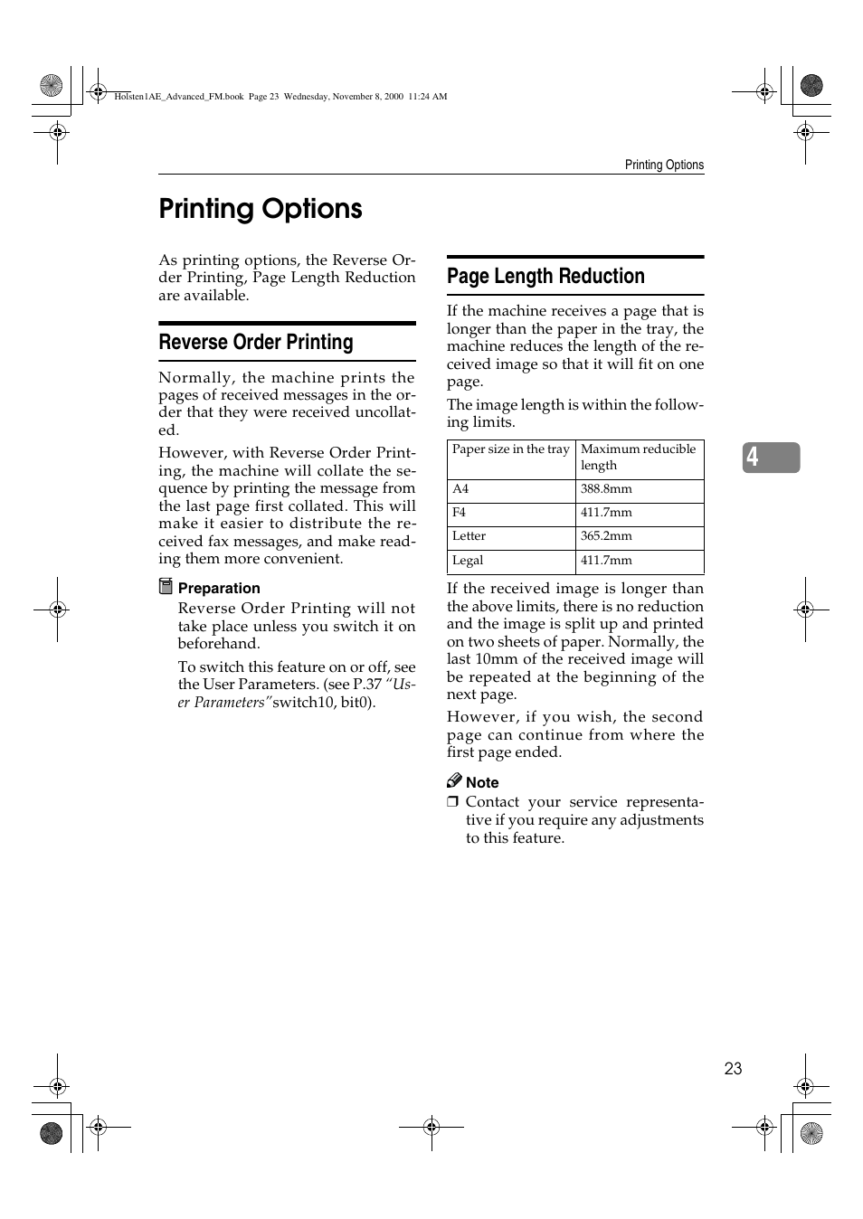 Printing options, 4printing options, Reverse order printing | Page length reduction | Ricoh FAX1400L User Manual | Page 35 / 88