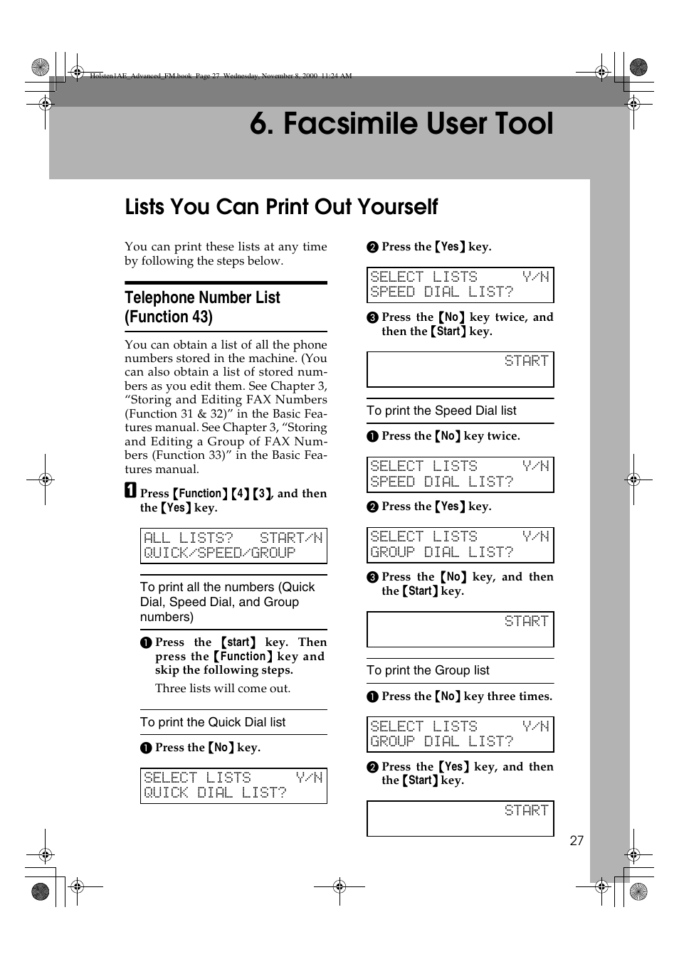 Facsimile user tool, Lists you can print out yourself, Telephone number list (function 43) | Ricoh FAX1400L User Manual | Page 39 / 88
