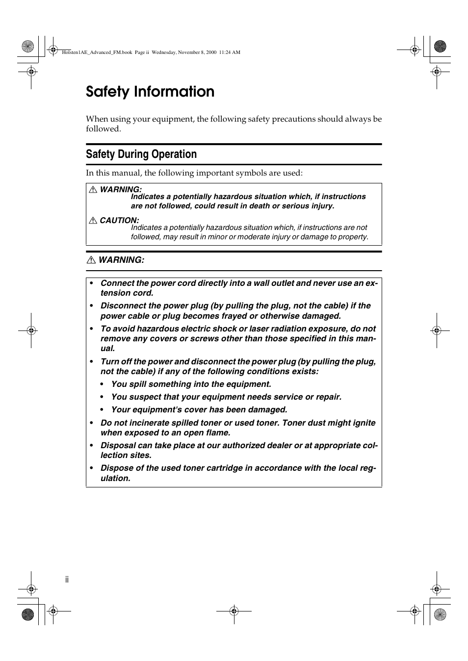 Safety information, Safety during operation | Ricoh FAX1400L User Manual | Page 4 / 88