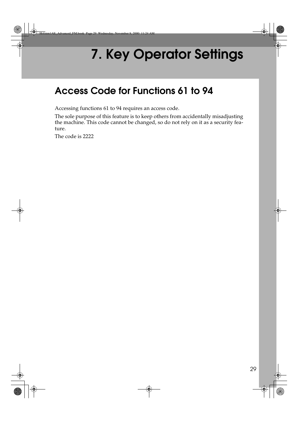 Key operator settings, Access code for functions 61 to 94 | Ricoh FAX1400L User Manual | Page 41 / 88