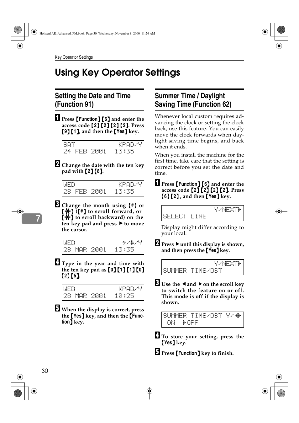 Using key operator settings, 7using key operator settings, Setting the date and time (function 91) | Summer time / daylight saving time (function 62) | Ricoh FAX1400L User Manual | Page 42 / 88