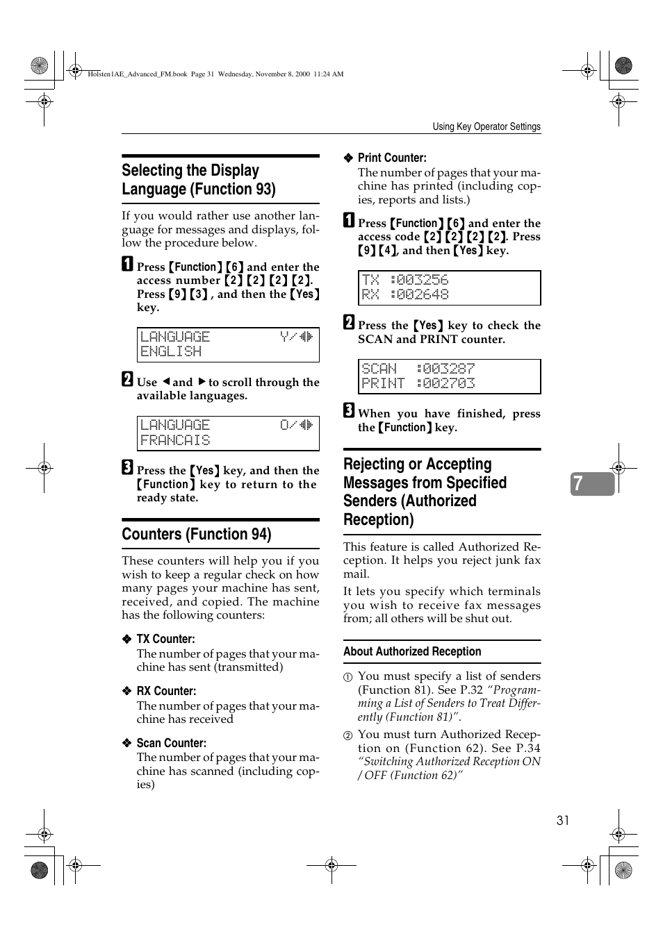 Selecting the display language (function 93), Counters (function 94) | Ricoh FAX1400L User Manual | Page 43 / 88