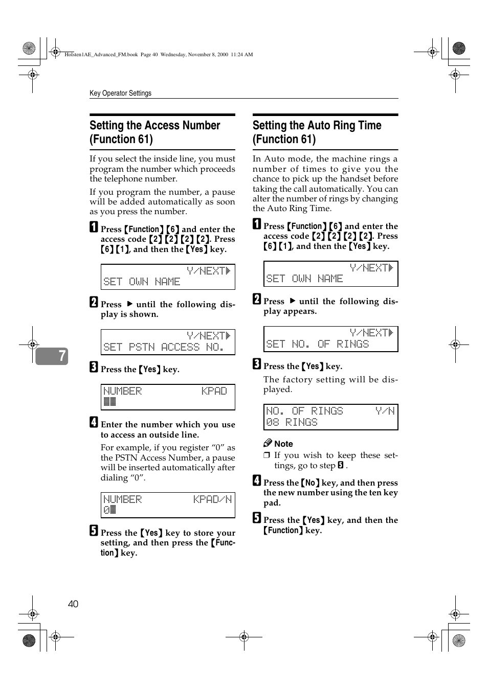 Setting the access number (function 61), Setting the auto ring time (function 61) | Ricoh FAX1400L User Manual | Page 52 / 88
