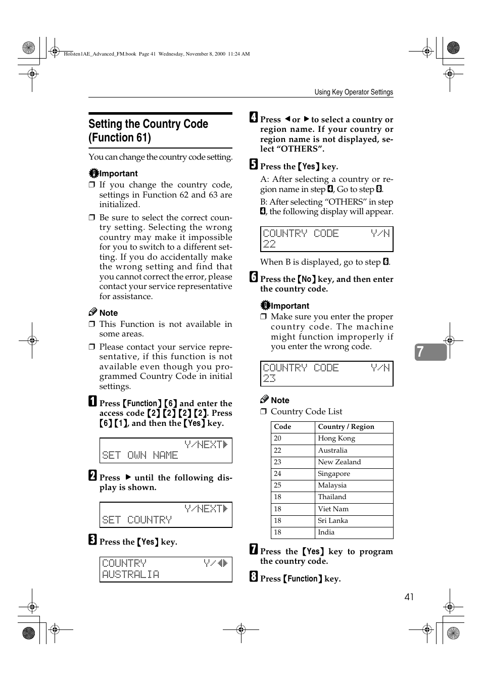 Setting the country code (function 61) | Ricoh FAX1400L User Manual | Page 53 / 88