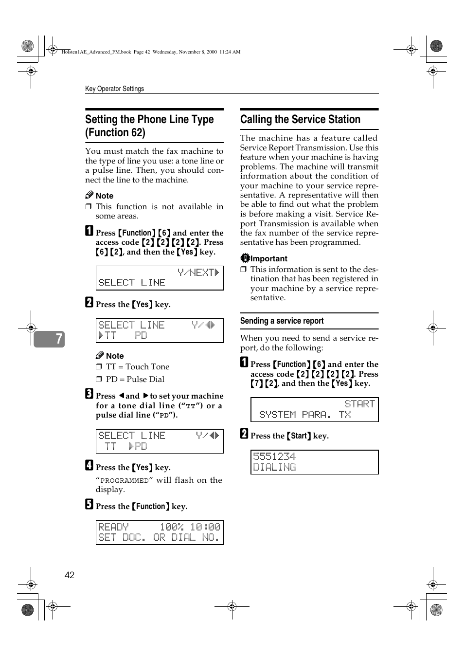 Setting the phone line type (function 62), Calling the service station | Ricoh FAX1400L User Manual | Page 54 / 88