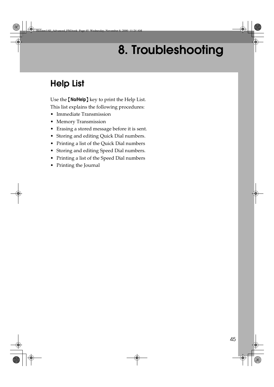 Troubleshooting, Help list | Ricoh FAX1400L User Manual | Page 57 / 88
