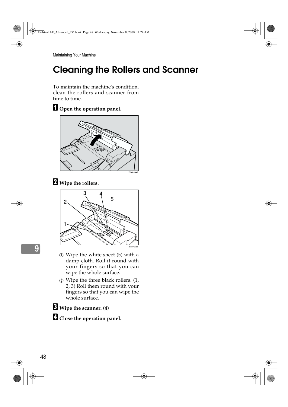 Cleaning the rollers and scanner, 9cleaning the rollers and scanner | Ricoh FAX1400L User Manual | Page 60 / 88