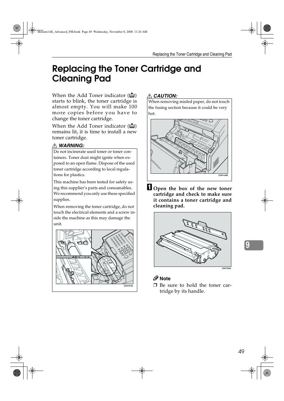 Replacing the toner cartridge and cleaning pad, 9replacing the toner cartridge and cleaning pad | Ricoh FAX1400L User Manual | Page 61 / 88